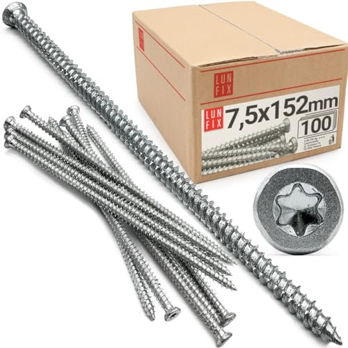 Viti torx 7,5 x 152 mm per telaio finestra e porta, viti per cemento senza tassello e per legno, turboviti torx per serramenti, vite zincata testa svasata, confezione 100 pezzi resistenti