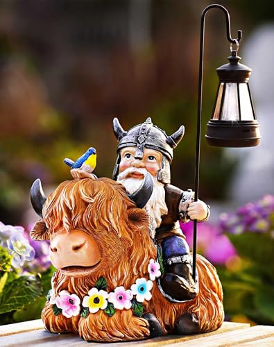 Vereemy Garden Gnome Outdoor Statue 12 Inch Highland Cow Gnomes Decorations for Yard Patio Lawn Porch Birthday Gifts for Women Men, Mother’s Day, Housewarming with Solar Light Funny Decor for Outside