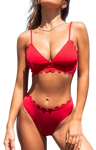 CUPSHE Women's Bikini Set Plunge V Neck Scalloped Lace Up Bikini Bralette Low Waisted Two Piece Bathing Suit Solid Red M