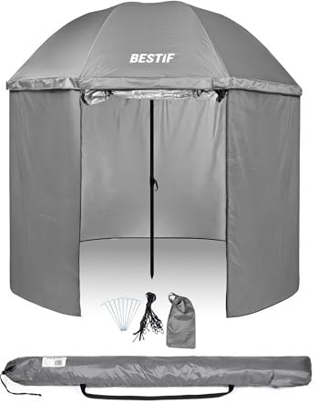 BESTIF Angelschirm mit Seitenwand & Sichtfenster – Wasserdicht, Schirmzelt klappbar – Windschutz Zelt für Angler, 205 cm (Grau, 205 cm)