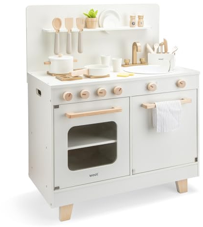 Woet® Cucina Giocattolo in Legno con Lavastoviglie per Bambini - Forno, Lavandino e 23 Accessori - Set Chef di Imitazione - Dai 3 Anni in Su
