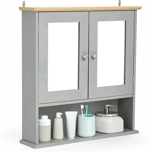 Grey Double Door Mirrored Bathroom Cabinet with Wood Effect Top – Wall Mounted Storage Cupboard with 3 Internal Shelves & Open Shelf – Slimline Mirror Cabinet H58 x W56 x D13cm