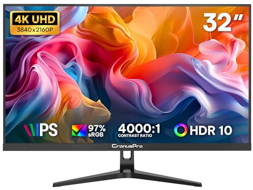 CronusPro 32 Inch 4K UHD Monitor (3840 x 2160) IPS Panel, 4000:1 Contrast | 97% sRGB, Eye Care, HDR10, 60Hz, FreeSync, HDMI/DisplayPort, Computer Monitor for Designer Office Home Black,VESA 75x75mm