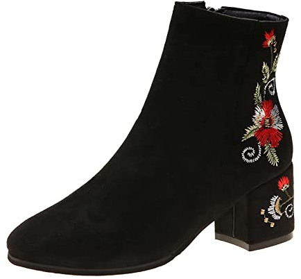 Cocila Botas De Tacón Grueso con Cremallera Lateral Ante Bordado Étnico Retro para Mujer Altas Caña Ancha Invierno Tacon Cowboy Piel Botines Cuña Casual Barefoot Zapatillas Negras Y Ortopédicas