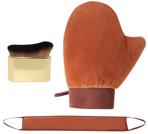 ZAUXVAI Juego de guantes autobronceadores 3 en 1, kit de aplicador de bronceado falso reutilizable con correa de bronceado trasero y cepillo de bronceado, guante aplicador sin rayas para cuerpo, cara