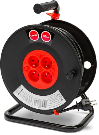 Velamp REEL-FR-40 - Prolunga elettrica 40 m, con avvolgicavo 4 prese, 16 A, sezione 3G1,5 mm2, colore: Nero/Rosso