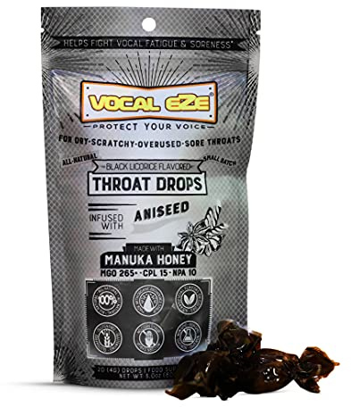 Vocal Eze Manuka Honey Aniseed UMF 10+ (MGO 265+) Menthol-Free Cough Drops (20) | Lozenges to Relieve Sore, Hoarse, Fatigue, Dryness of Throat | Voice Support, All Natural and Organic Ingredients