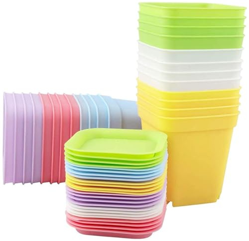 24 Piezas Mini Macetas Plastico Cuadrada,7cm Maceta Pequeña con Bandeja,Mini Macetas Coloridas Macetas para Semillas tiestos para plantas interior para Plantas Pequeñas, Flores, Jardinería