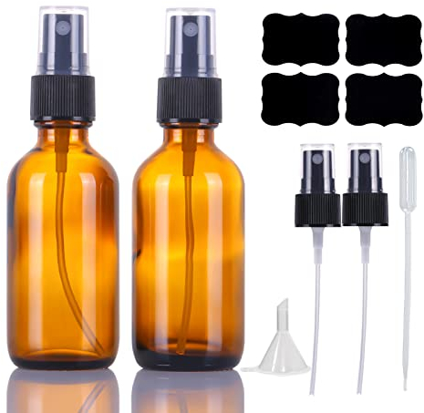 60ml Braunglas Sprühflasche,Leere Kleine Nachfüllbare Wiederverwendbare Reise Feinnebel Sprühflaschen für Haare,Reinigung,Aromatherapie und ätherisches Öl mit Zusätzlichem Nebelsprüher(2 Stück)