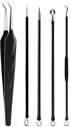 FVION 5 Stücke Mitesserentferner Komedonenquetscher Set, Pickel Ausdrücken Werkzeug, Pinzette Mitesser Entferner mit Akne Werkzeug für Nasen Gesichts Pflege - Schwarz