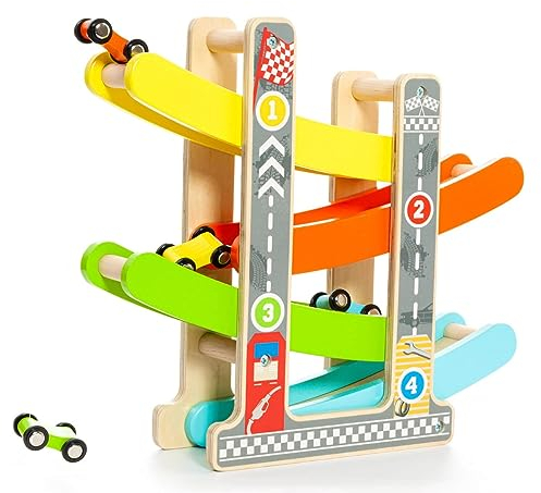 MOLTO Holzbahnen mit Molto-Rampen | mit 4 Autos | sensorisches Spielzeug für Babys | Lernspielzeug für Kinder | 24 Monate