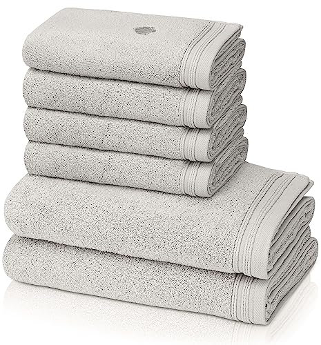 KLASBROOK® Linnea 6 teiliges Luxus Handtücher Set Taupe, extra flauschig und saugfähig aus 100% Baumwolle Oeko-TEX 100 Zertifiziert mit Aufhänger, 4 Handtücher 50x100 + 2 Badetücher 70x140