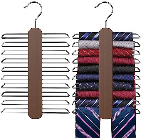 Uinicor Tie Hanger 2 Pack, Rust Resistant Wooden Necktie Organizer with 360 Degree Rotation for Tie, Belt, Scarf Storage