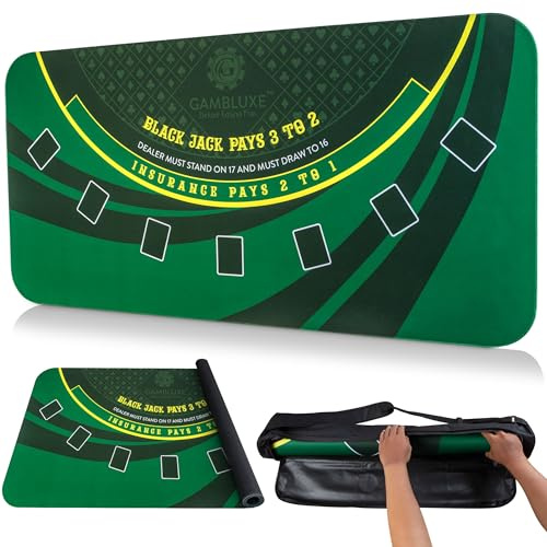 GAMBLUXE Tapis de blackjack professionnel pour table, lisse, hydrofuge pour table, antidérapant, portable, avec sac de transport/rangement pour jeux de blackjack, 177,8 x 88,9 cm (vert)