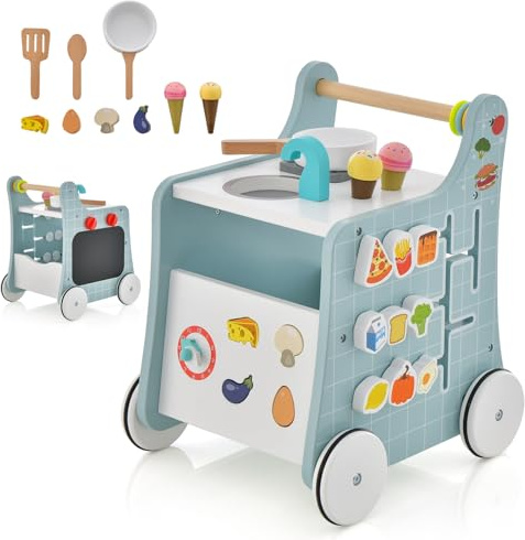 GYMAX 6-in-1 Wooden Baby Walker, Toddler Push Along Walker with Teaching Clock, Shape Matching and 4 Wheels Learning Educational Toy Pretend Play Kitchen for Babies Aged 1+ (Blue)