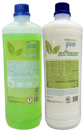 HOME PRO Green Mediterranean - Kit de lavado profesional completo con suavizante para la colada, detergente para lavadora, desinfectante, perfumado, concentrado, 1 + 1 l