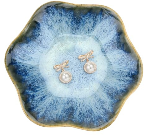 CavspkArt Ceramic Jewelry Dish, Decorative trinket Tray, Small Ring dish, Trinket Key tray, Jewelry Plate, Key Bowl, Ceramic trinket dish Gift for Women and Girls (Blue)