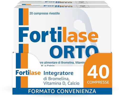 Fortilase Orto, 40 Compresse, Integratore Alimentare di Bromelina, Vitamina D3, Vitamina K2 e Calcio, Supporta il Sistema Osseo e Articolare, 2 Confezioni da 20 Compresse