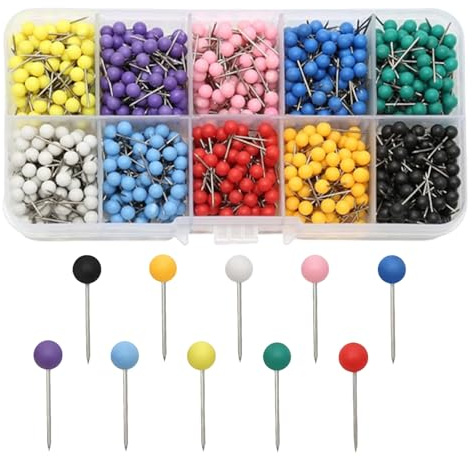 1000 Pcs Map Push Pins, 1/8 Inch Cork Board Pin, Round Head Push Pins,10 Colors Plastic Maps with Steel Points,Decorative Push Pin for Cork Boards, Fabric Marking, Poster