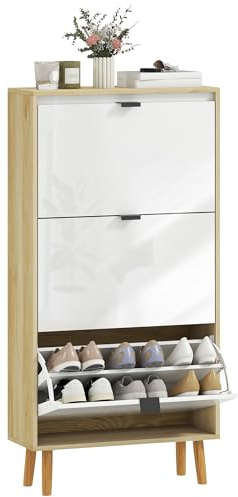 HOMCOM Meuble à Chaussures 18 Paires, Porte Haute Brillante, Armoire à Chaussures étroite avec 3 tiroirs rabattables et étagères réglables, Style Moderne, pour Couloir, entrée, 60x24x127cm, Blanc