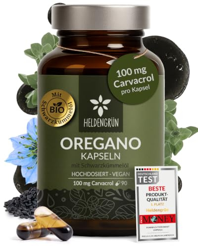 Heldengrün® Oregano & Schwarzkümmelöl Kapseln [HOCHDOSIERT] 100 mg Carvacrol pro Kapsel - Bio Oregano Öl mit +82% Carvacrol aus Griechenland - magensaftresistent, laborgeprüft & vegan - 90 Stück