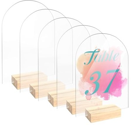 5 pezzi di 5,5 x 4 pollici (circa 14 x 10 cm) di targhe acriliche trasparenti bombate vuote con cornice in legno, numero da tavolo bombato in acrilico fai da te per biglietti da visita fai da te