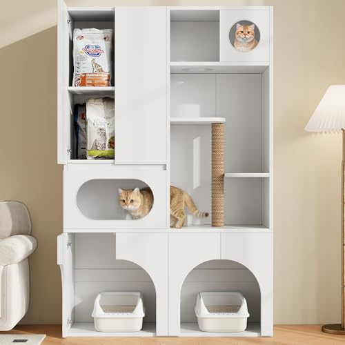 luckdect Niches pour 2-4 Chats et Petits Chiens,Maison de Toilettes pour Chat avec 2 Portes Espace de Rangement,Colonne à Gratter & Niche de Repos,Meuble Litiere