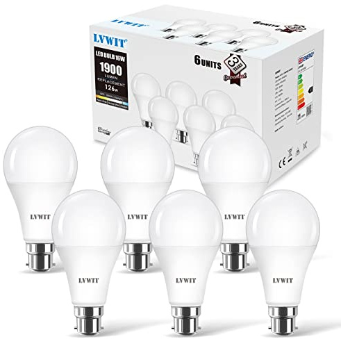 LVWIT B22 LED Bulbs,16W B22 Bayonet Light Bulbs Equivalent to 126W Incandescent Bulb,Cool White 6500K,1900LM Super Bright Daylight,BC GLS Bulbs Energy Saving,Non-dimmable,140mm x 71mm,Pack of 6