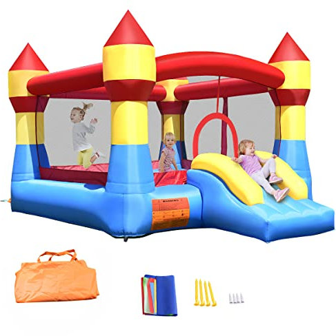 GOPLUS Château Gonflable pour Enfant de 3 à 10 Ans,Tissu Oxford Filet de Protection Autour, Porte d’Entré avec Toboggan,4 Piquets de Fixation,370 x 280 x 230CM (Château sans souffleur)