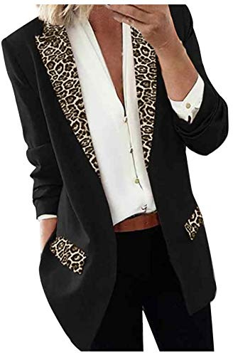 L9WEI Élégant Blazer Femme Longue Motif Léopard - Veste de Bureau Col Revers Épissage Costume Business, Noir, L
