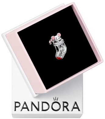 Pandora Moments Charm Festif Souris & Chaussette en argent sterling avec émail rouge, blanc, vert foncé et rose poudré