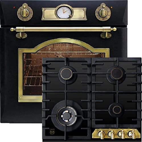 Kaiser Set de cuisine EG 6345 Em+KCG 6335 Em/3, Four à gaz à encastrer autonettoyant 67L Four à gaz autonettoyant + table de cuisson à gaz 60cm, verre noir, Cuisinière encastrable rétro