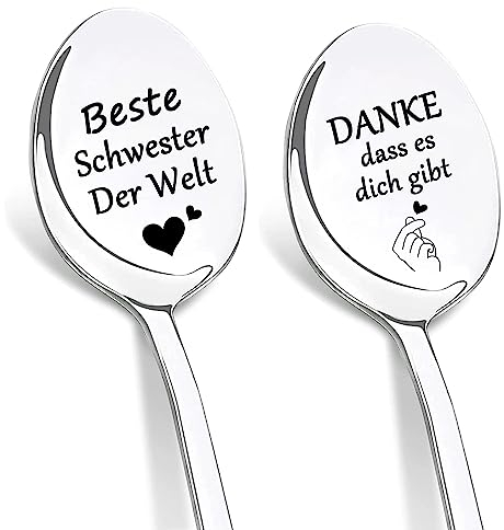 DIKARIYA Geschenk Schwester Weihnachten, 2er Kaffeelöffel mit Gravur, Beste Schwester der Welt, Weihnachts Teelöffel Edelstahl Löffel Nikolaus Geschenk Geburtstag Graduierung Geschenke für Schwester