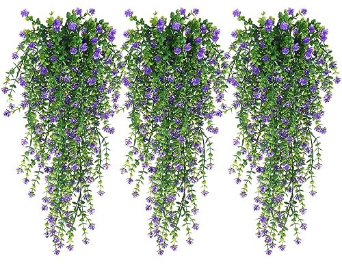 RECUTMS Vine Plant Fake Ferns Plants Large Faux Artificial Hanging Plants Outdoors Fake Wall Hanging Plant Greenery Vine for Outdoor Plants Decor 3 Pcs(Purple)