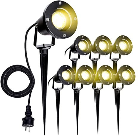 Gimisgu LED Gartenstrahler, 8er 4W GU10 LED Gartenleuchte mit Erdspieß und Stecker, Warmweiß 3000K IP65 Wasserdicht Gartenbeleuchtung, Dekorative Gartenlampe Außen-Strahler Beleuchtung