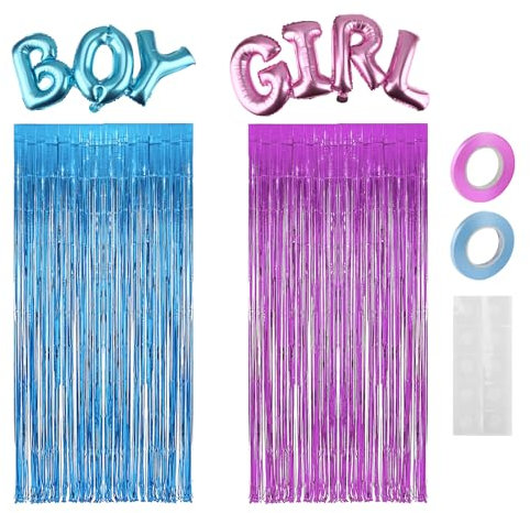 Kit Decorazioni per Festa di Rivelazione del Genere, Palloncini Blu e Rosa, Tenda con Frange Metalliche, Ideale per Baby Shower, Bambino o Bambina, Decorazioni Originali per Feste