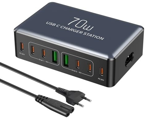 Cargador USB C de 6-Puertos, Cargador Movil Carga Rapida Estacion Carga de 80W Adaptador Tipo C Multiple USB Fast Charger para iPhone 16 15 Pro MAX 14 13 12 11, Samsung Galaxy S24 S23, Xiaomi,etc