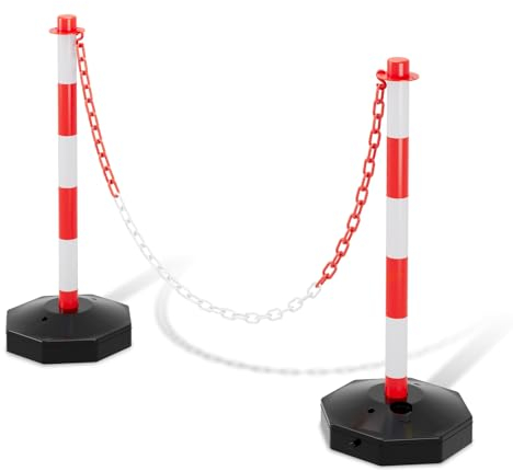 Eulenke 1 Set（2 Stück） Absperrpfosten 85 * 28.5 * 28.5 cm, Sperrpfosten mit Kunststoffketten(140cm), Befüllbarer Boden, Geeignet für Parkplätze, Straßenwartungsabschnitte usw, rot-weiß