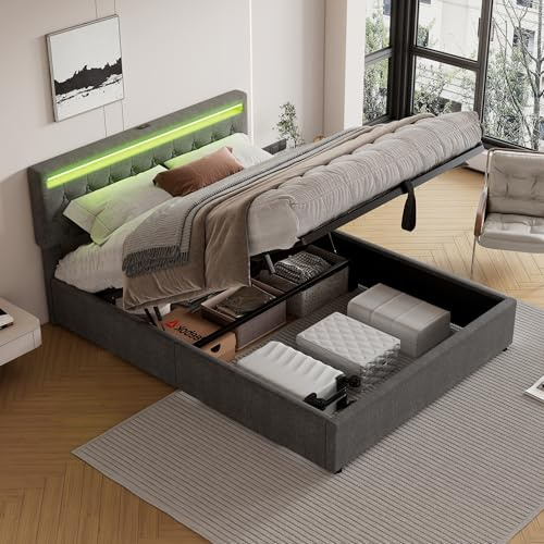 Letto contenitore matrimoniale con presa USB e presa di tipo C, letto matrimoniale 160 x 200 cm con luce d'atmosfera sul letto, letto idraulico,letto una piazza e mezza con base a doghe