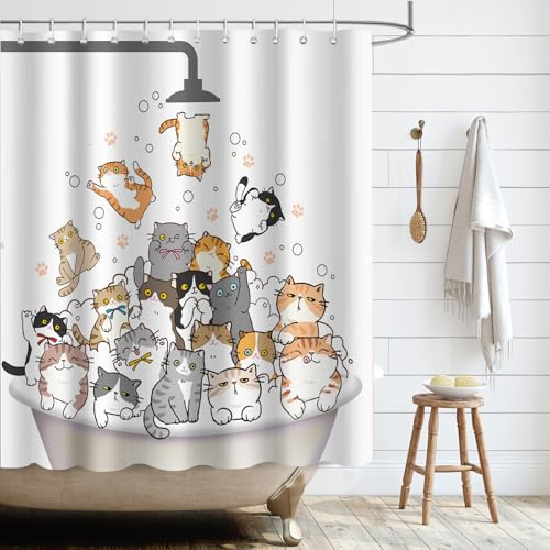 APROPHIC Rideau de douche amusant 180 x 180 cm - Motif chat - Pour enfants - Multicolore - Rideau de douche textile lavable avec 12 crochets