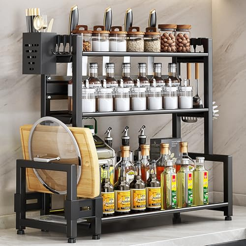 OHMG 3 Niveaux Etagere a epices,Rangement epices cuisine,Etagère de Stockage d'Épices,Rangement et Organisation de Cuisine de Salle de Bain,Rangement sous evier en Métal,Noir