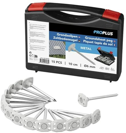 Camping Heringe 15er-Set (Zeltnägel) im Aufbewahrungskoffer, 10 cm Lange Eisenheringe mit flachem Kopf, Erdspieße Metall, zur Befestigung von Vorzeltteppichen, Bodenplanen & Markisenteppichen
