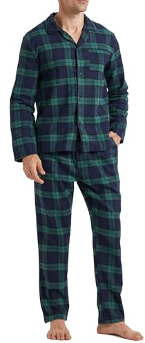 LNFINTDO Juego de Pijama de Franela para Hombre, Ropa de Dormir de Algodón a Cuadros con Bolsillo, Manga Larga, Parte Superior e Inferior, 2 Piezas, Ropa de Noche Suave, Cálida, Pjs de Invierno, verde