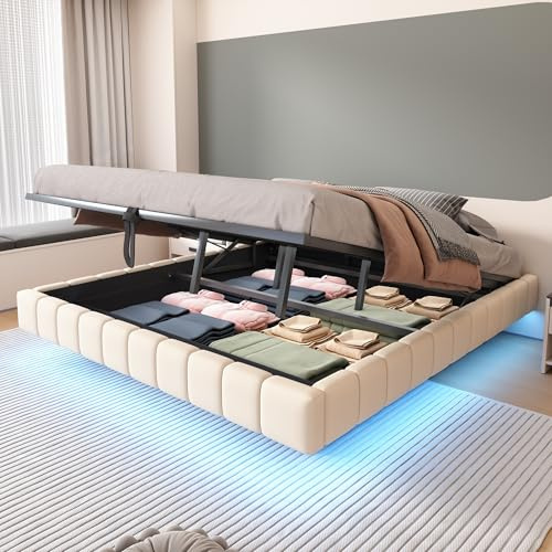 Huayz Letto matrimoniale imbottito, 180 x 200 cm, letto a molle con cassetta, con illuminazione a LED, telaio del letto con spazio di archiviazione, telaio del letto senza testiera, senza materasso