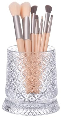 DASITON Makeup Brush Holder Organizer, Crystal Cosmetic Brushes Storage Holder Glass Makeup Organizer, 360° Rotating Make Up Brush Cup for Vanity, Dresser, Bathroom, Pen Pencil Holder for Desk (Clear)