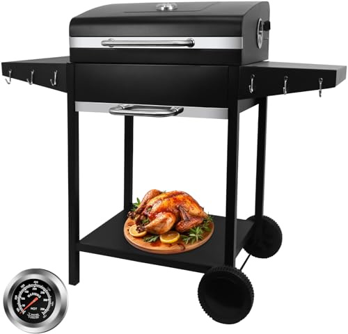 kisidus Barbecue au charbon de bois avec couvercle et thermomètre, barbecue de camping au charbon de bois avec roulettes, grand barbecue mobile au charbon pour jardin et événements en plein air, noir