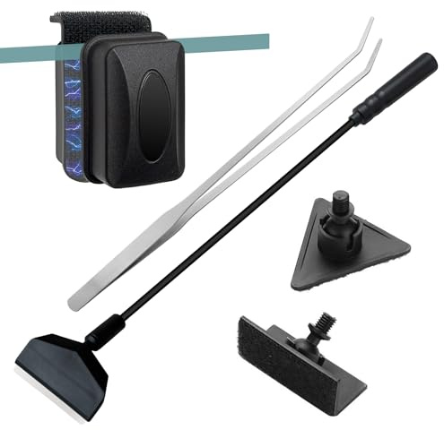 LGTPEMO 5PCS Small Fish Tank Cleaner Kit: 3-in-1 Algae Scraper with Blade & Sponge Brushes, Curved Aquarium Tweezers & 2 Magnetic Glass Cleaner for Nano Tanks up to 30cm/12 (10 Gallon & Under)