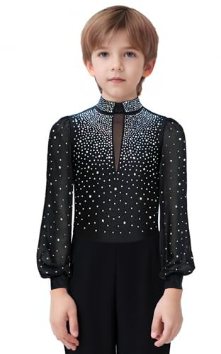 Jugaoge Kids Boys Long Sleeve Figure Skating Bodysuit Gymnastics Leotard Latin Ballroom Dance One Piece Romper Shirt