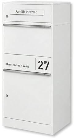 Metzler Caja para paquetes, tamaño grande, color blanco, RAL9016, buzón con compartimento para paquetes, personalizable, con grabado, con placa de acero inoxidable con recubrimiento en polvo y macizo