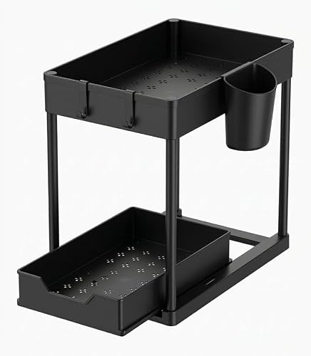 Genérico Organizador Bajo Fregadero 2 Niveles Extraíble, Estante Deslizante Cocina y Baño, Ahorra Espacio, con Ganchos y Soporte para Esponja, Metal Resistente Antióxido, Negro